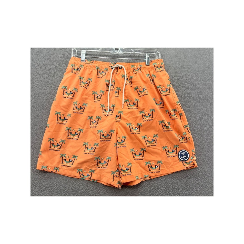 Life is Good Swim Trunks Shorts Size M Mens Orange Jake Hammock Tropical Print